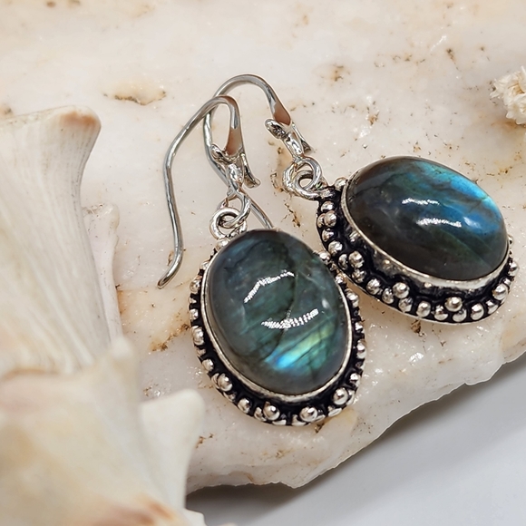 Natural Labradorite Stones Silver 925 Earrings - Picture 6 of 8